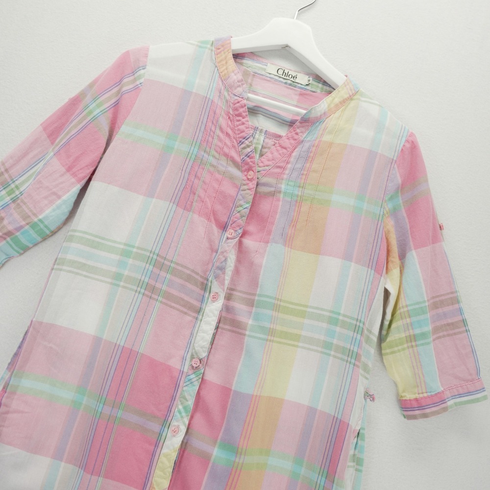 Chloé Womens Pink Pastel Plaid Roll Tab Sleeve Button Down Tunic Top Size M